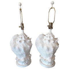 Pair of Seashell Shell Plaster White Lacquered Table Lamps Chrome Hardware