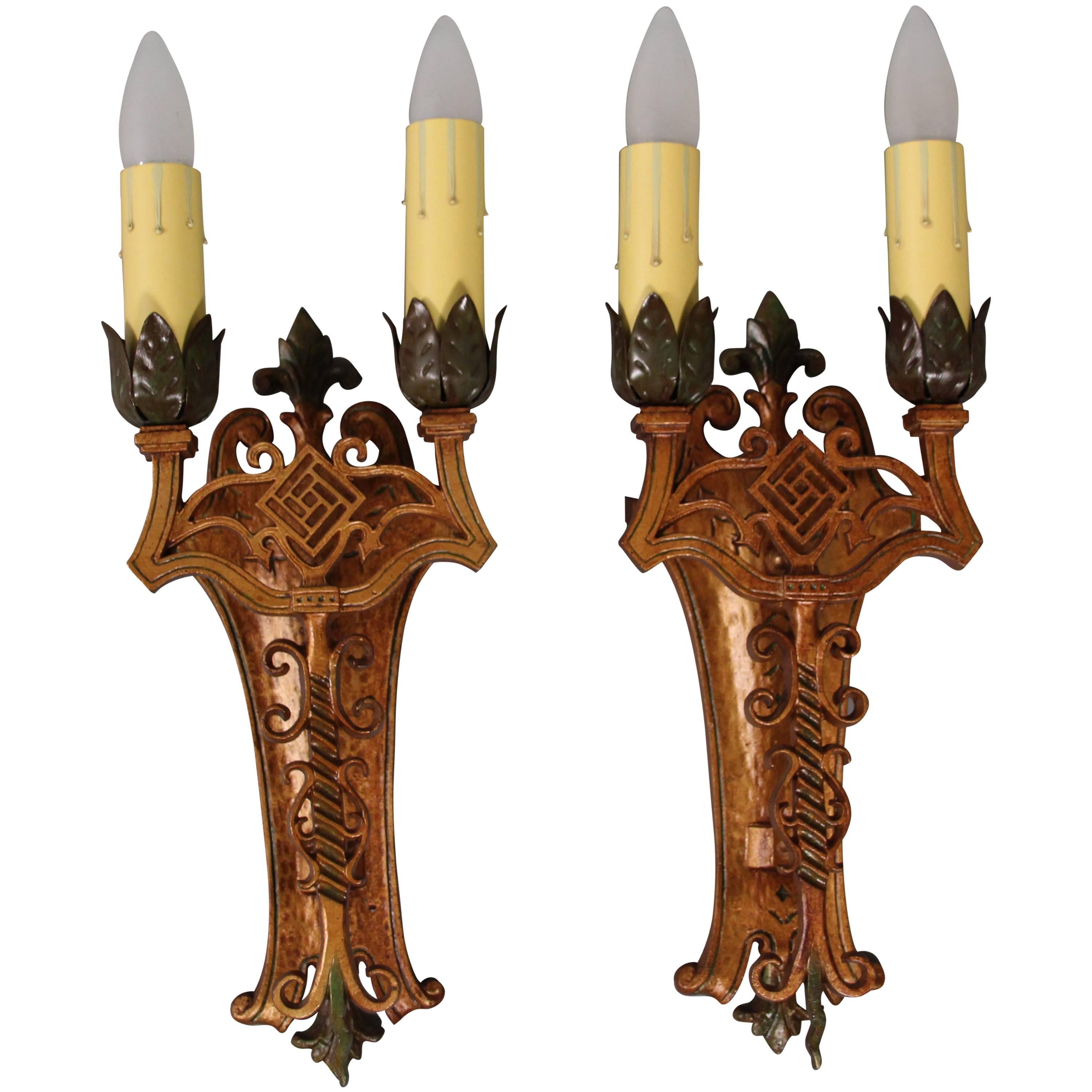 Pair of 1920s Polychrome Double Sconces For Sale