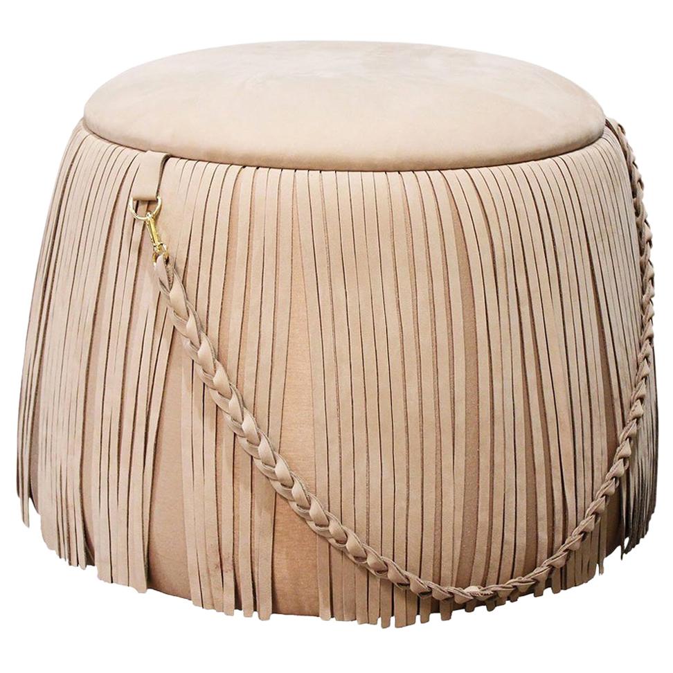 Footed Ottoman, Upholstered in Various Fabrics with Antique Fringe and