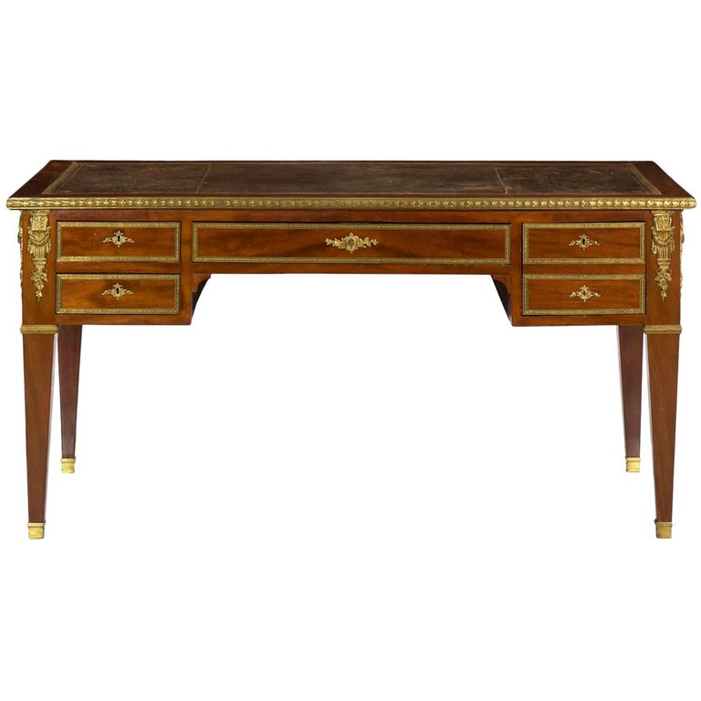 French Neoclassical Ormolu-Mounted Mahogany Bureau Plat Antique French Neoclassical Ormolu-Mounted Mahogany Bureau Plat Antique Writing Desk For Sale - French Neoclassical Ormolu-Mounted Mahogany Bureau Plat Antique