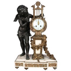 Antique French Figural Cherub Sculpture Bronzed and Marble Mantel Clock