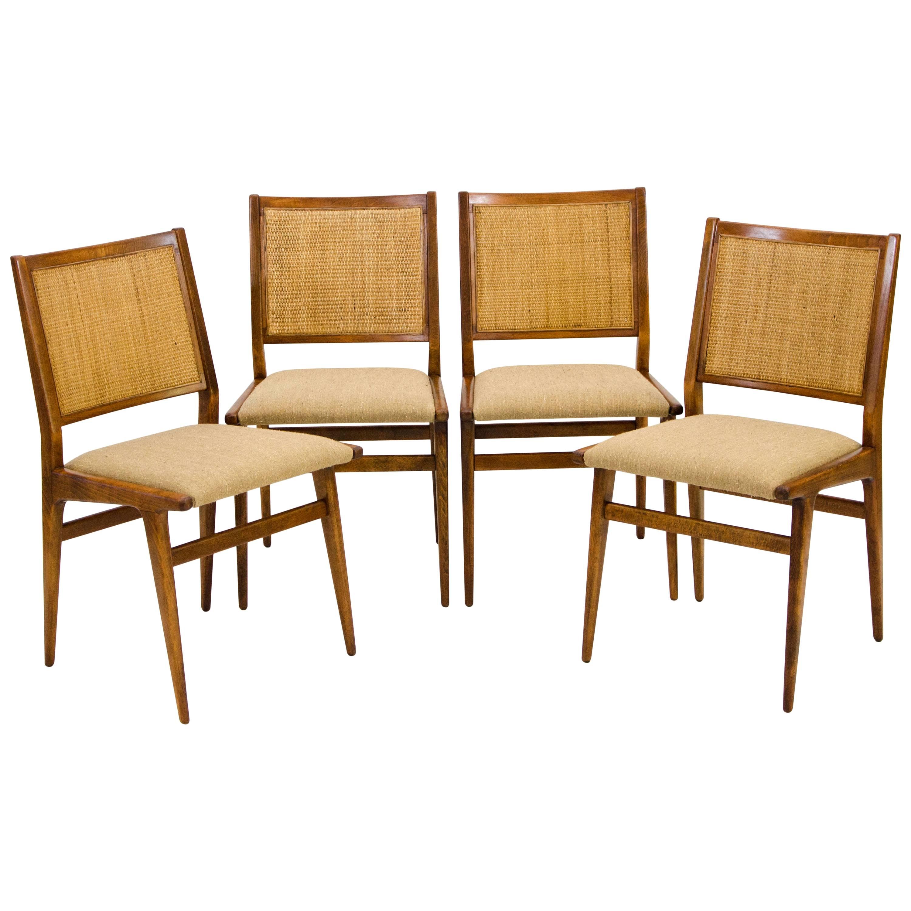 Early Set of Four Jens Risom Dining Chairs with Caned Backs