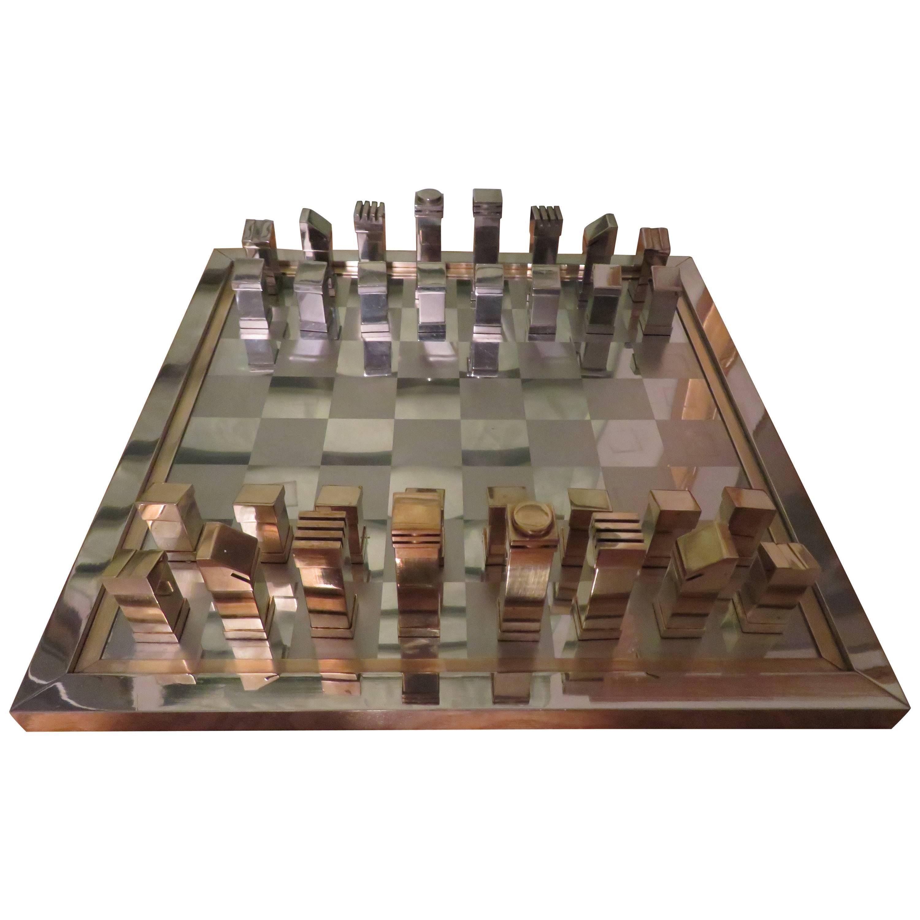 Magnificent Romeo Rega Brass Chrome Chess Set with Board Mid-Century Modern