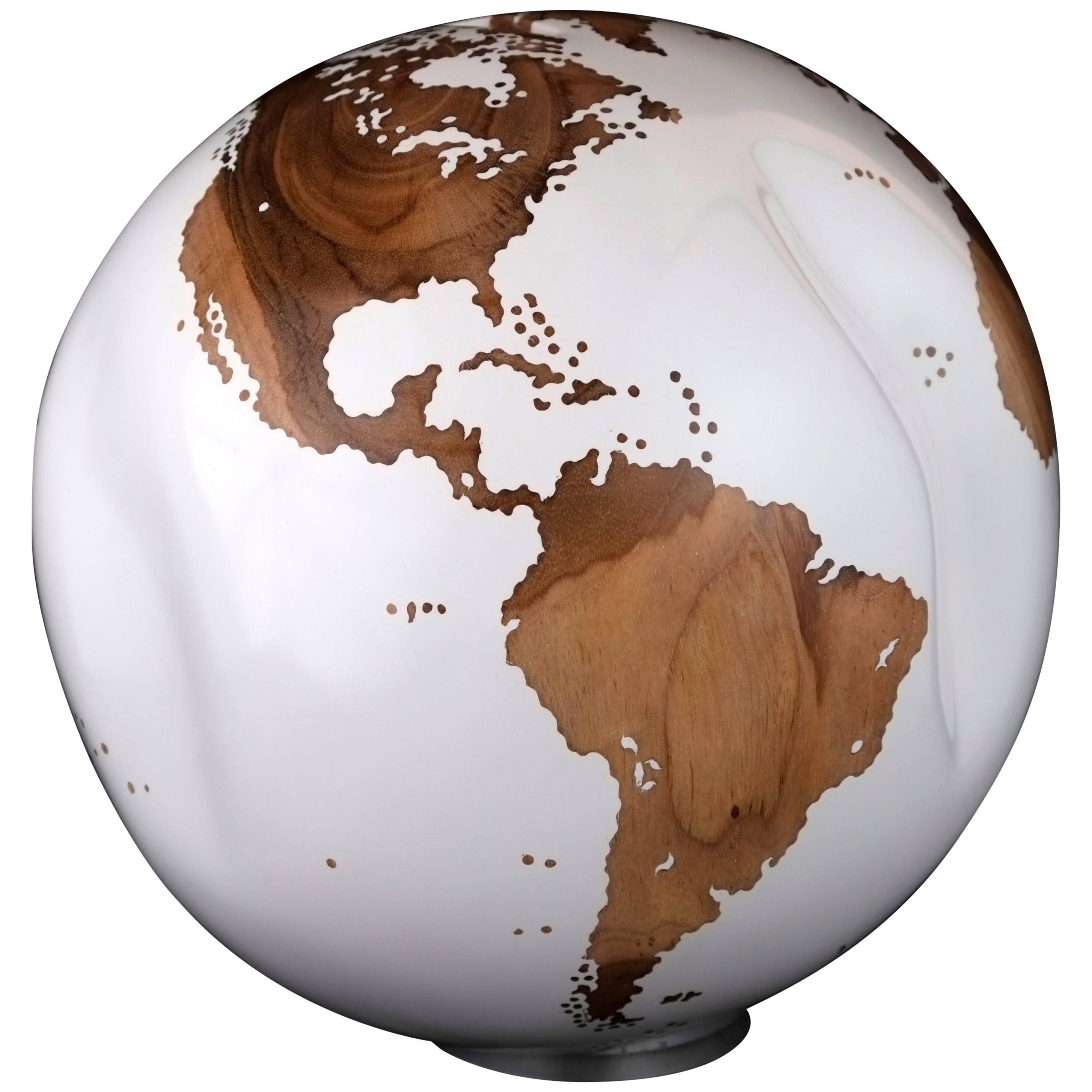 Contemporary Wooden Globe from Teak Root with Acrylic White Resin Finish, 20 cm For Sale