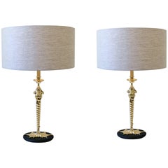 Pair of Brass Frog Table Lamps by Chapman
