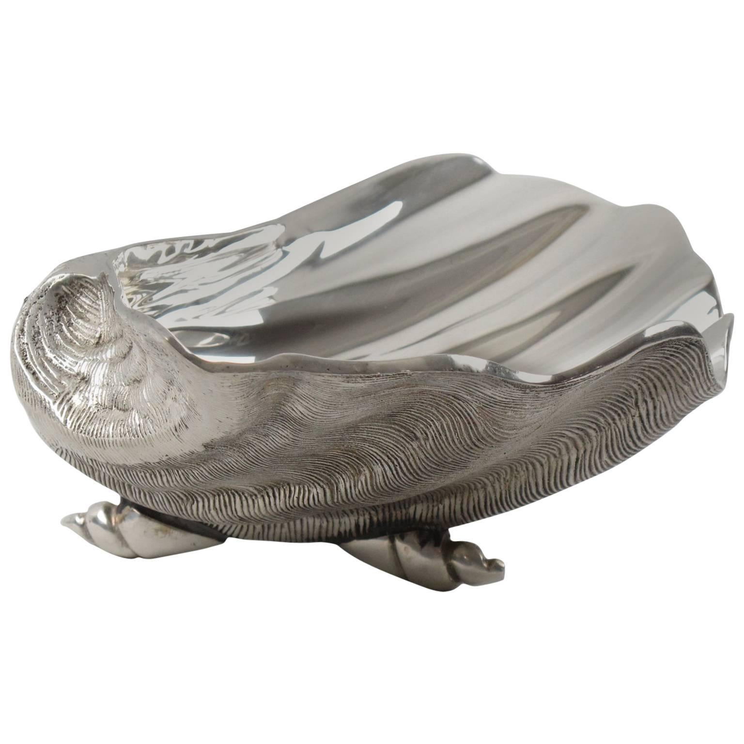 Italian 1970s Silver Plate Large Clam Shell Bowl Catchall
