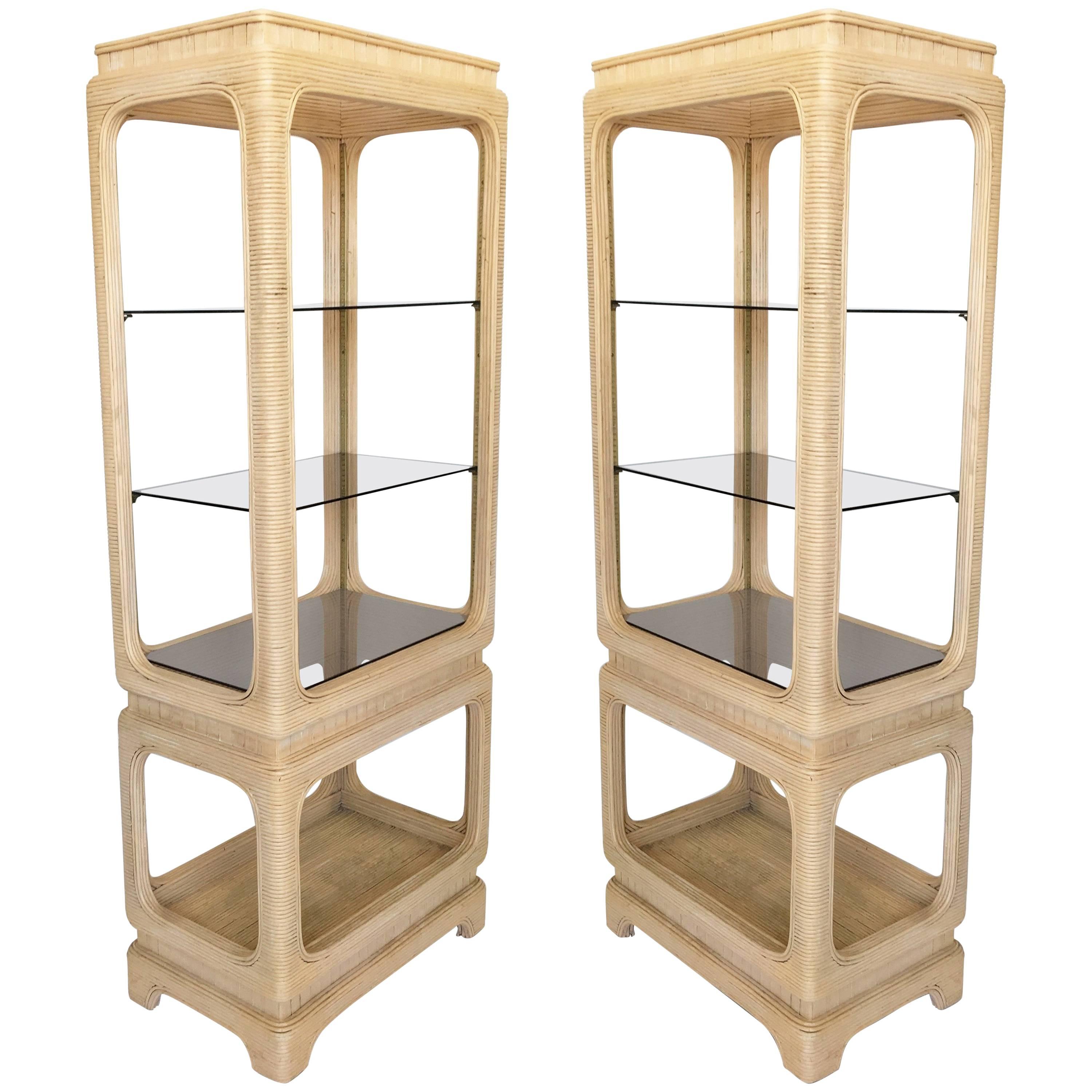 Pair of Vintage Mid-Century Modern Pencil Reed Bamboo Rattan Etageres For Sale