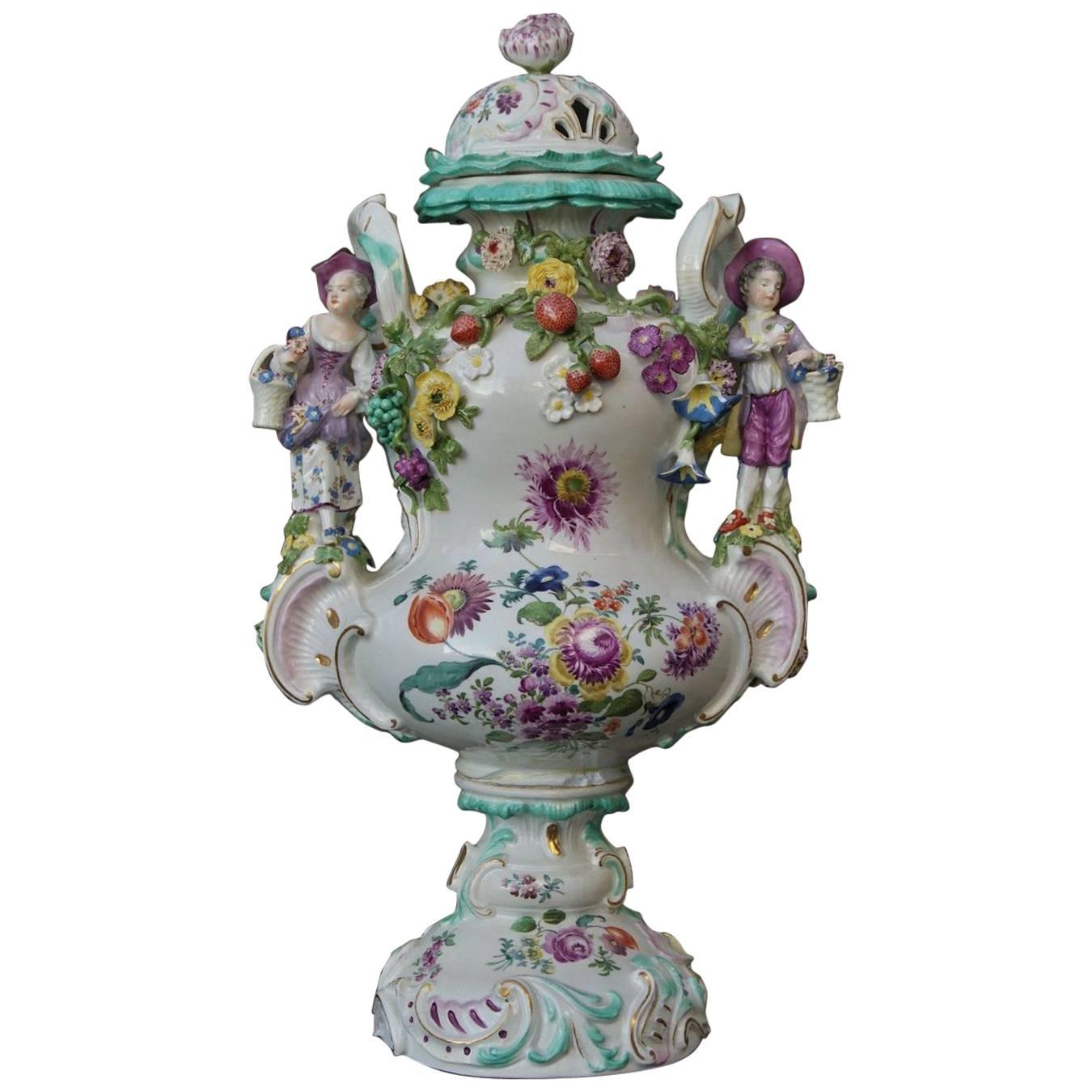 Large Meissen Lidded Vase Sculptured Decorations, circa 1850