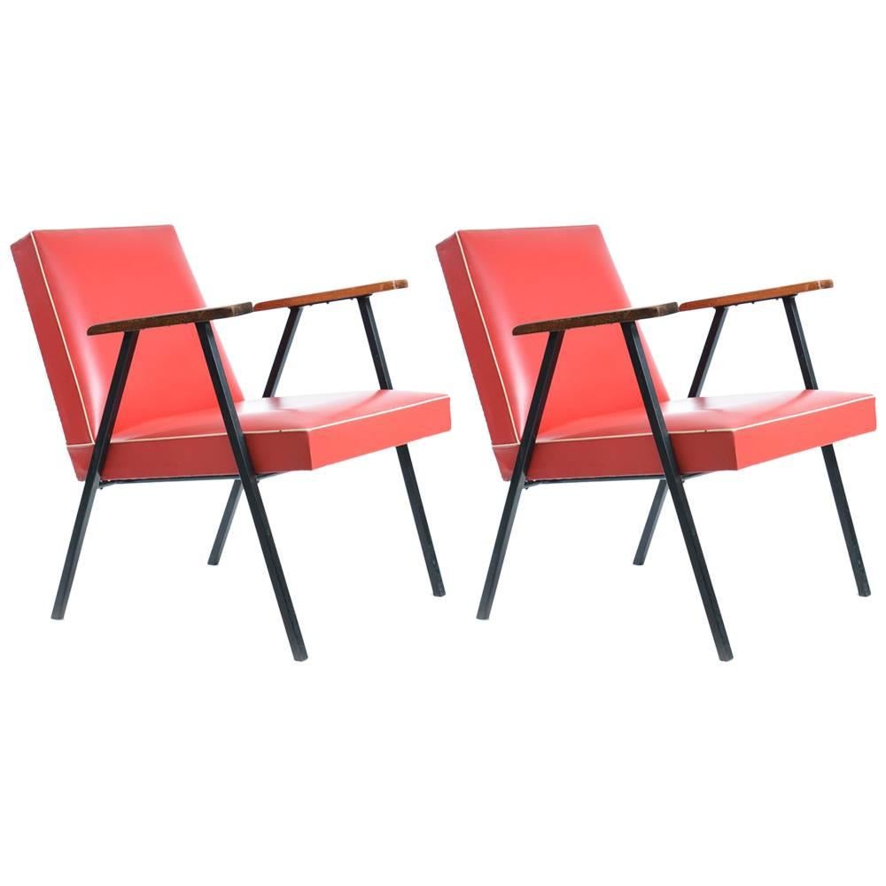 1950s Red Leatherette Armchairs, Czechoslovakia For Sale