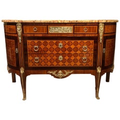 Beautiful French Louis XVI Style Marble Topped Marquetry Inlaid Commode