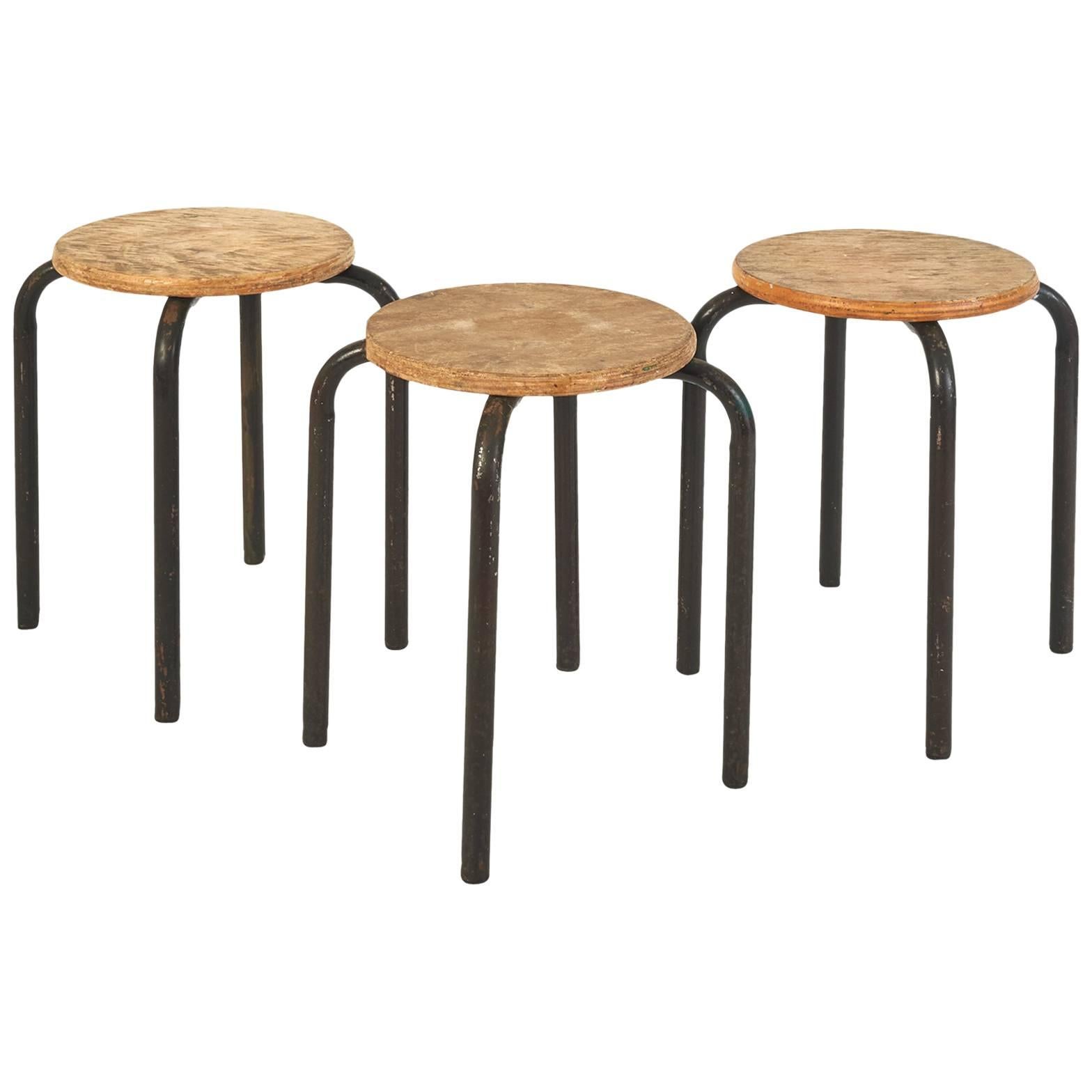Set of Wood and Metal Painter Stools in the Style of Jean Prouvé, France 1950's