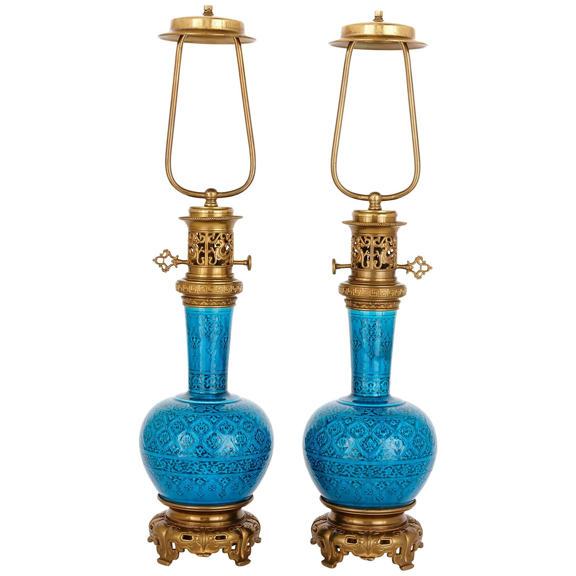 Pair of French Turquoise Faience Lamps by Theodore Deck, in the Persian Style