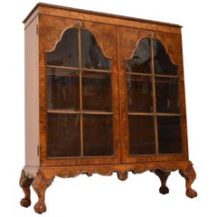 Antique Queen Anne Style Burr Walnut Glazed Bookcase