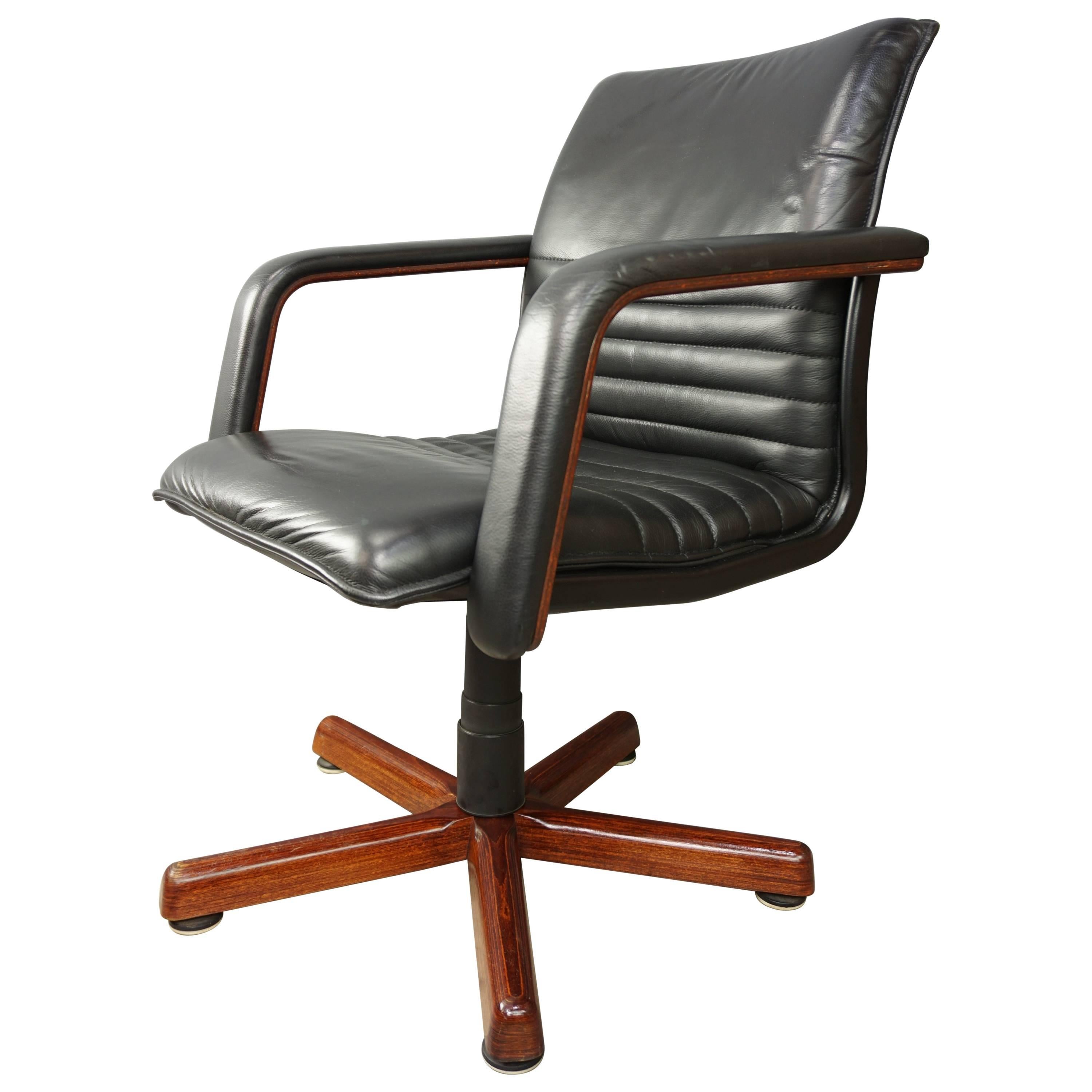 Wooden and Leather Swivel Office Armchair
