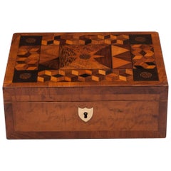 Antique Maple Mahogany Box with Cube Perspective Inlay, 19th Century