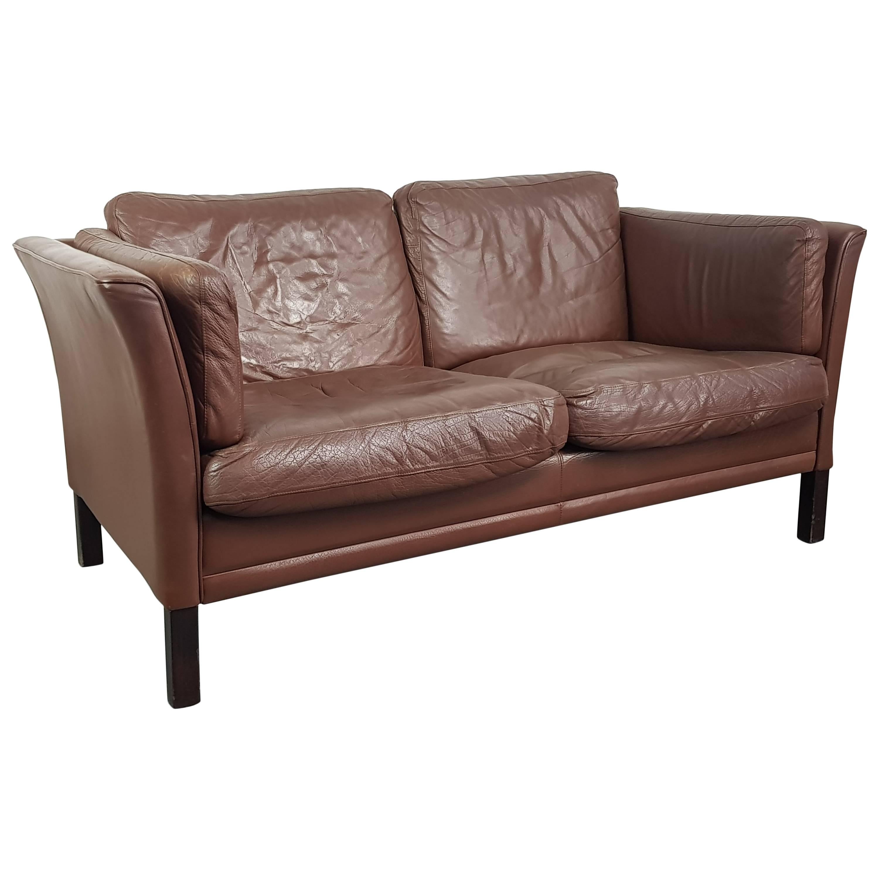 1970s Chestnut Brown Leather Mogensen Style Two-Seat Sofa For Sale
