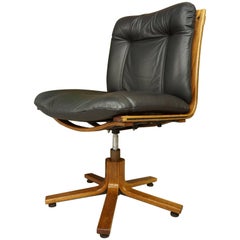 Used Scandinavian Design Wooden and Black Leather Swivel Office Armchair