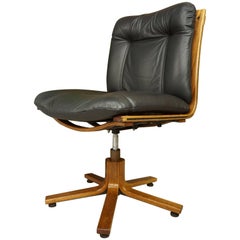 Scandinavian Design Wooden and Black Leather Swivel Office Armchair