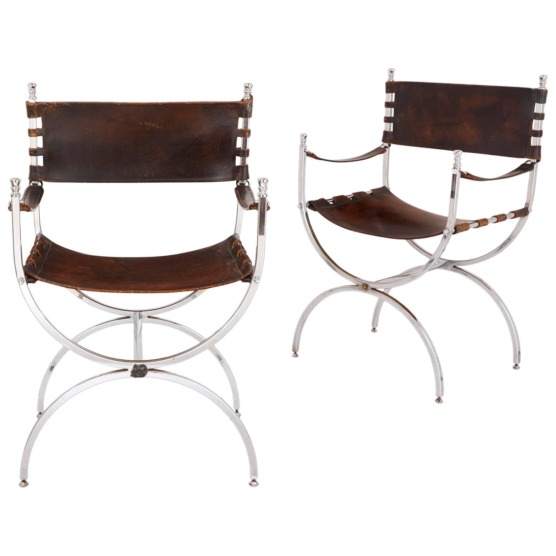 Set of Two Mid-Century Modern Silvered and Leather Chairs For Sale