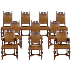 Antique Set of Ten Carved Oak Dining Chairs
