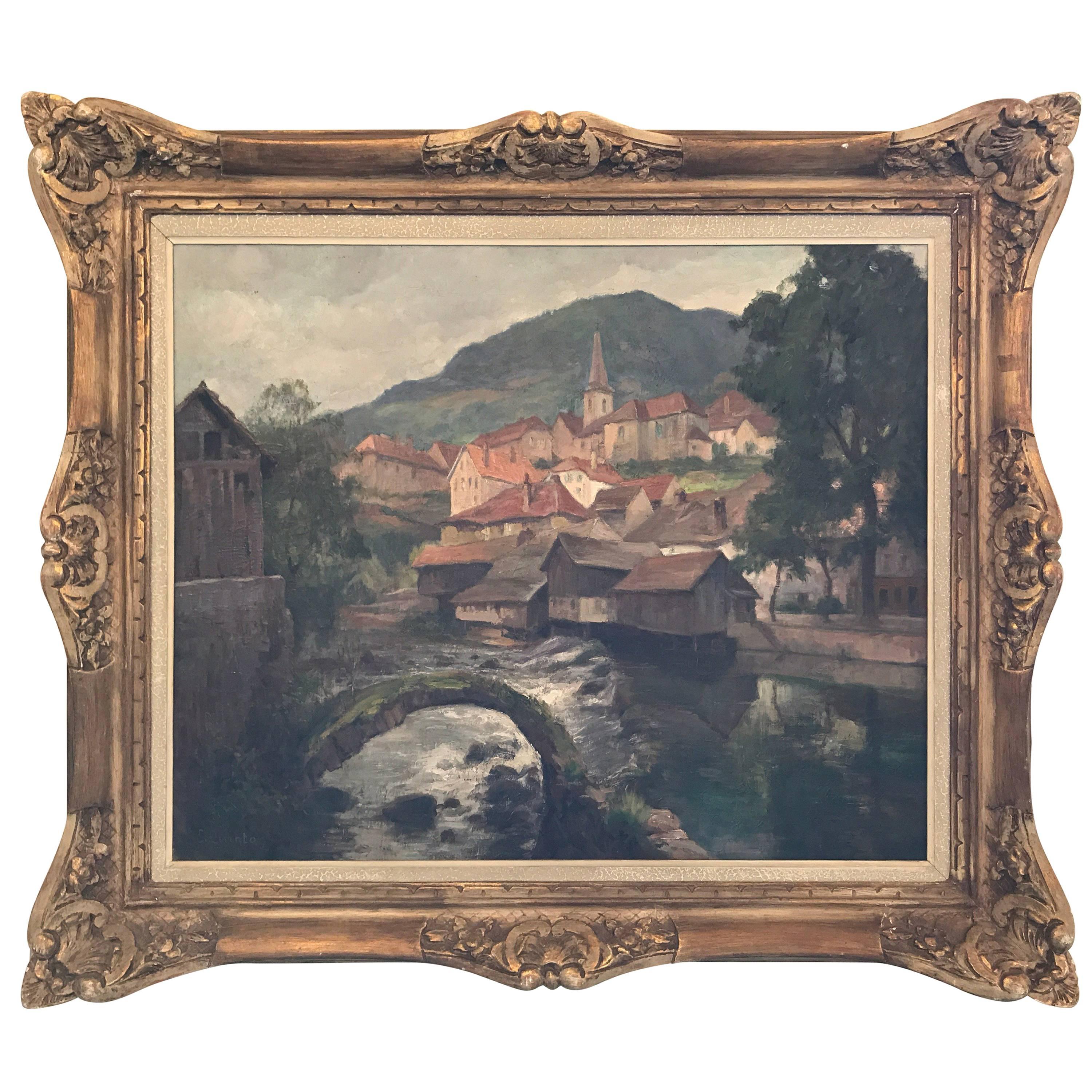 19th Century Oil on Canvas "Vue de Lods et la Loue" by E. Quinton For Sale