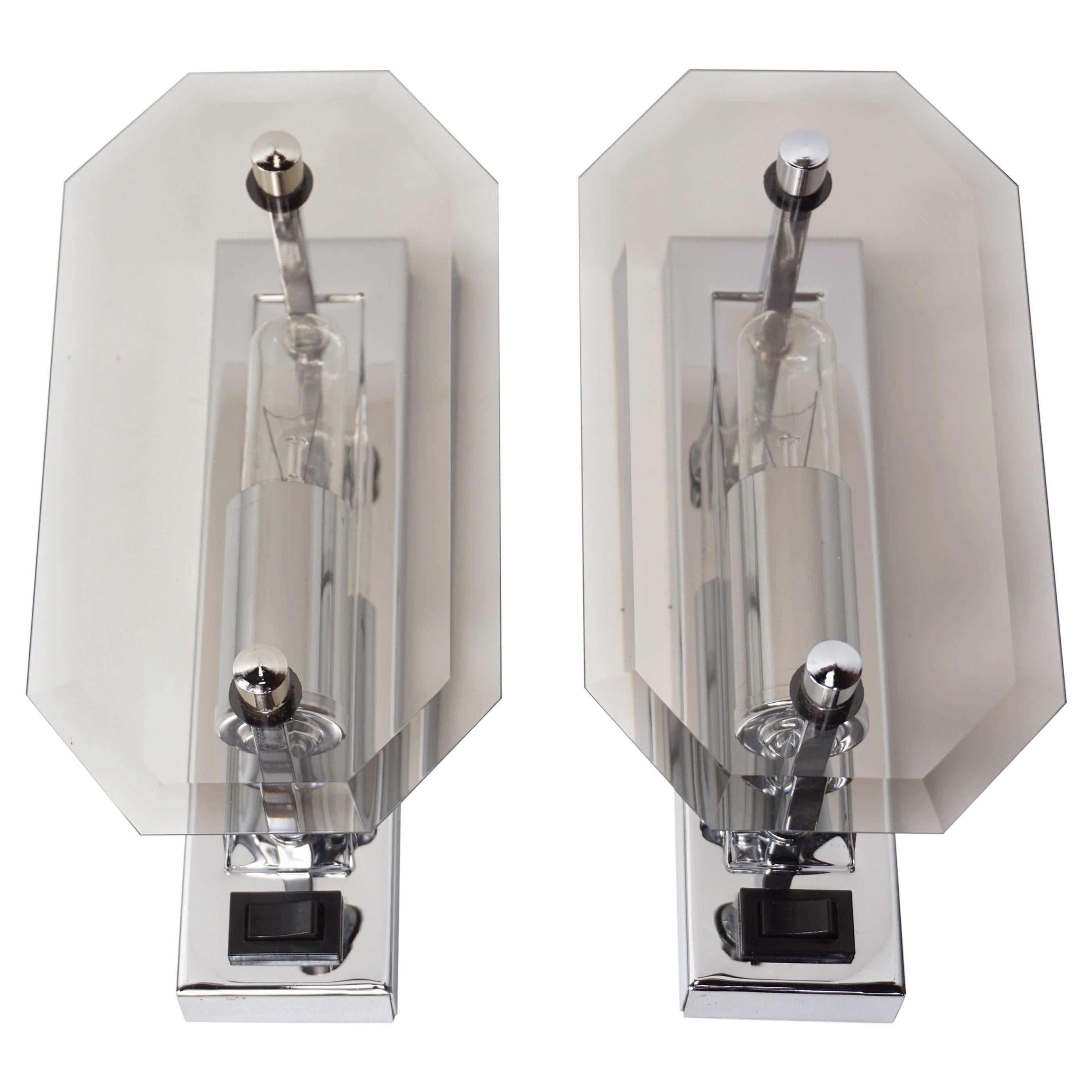 Pair of Deutch Design Chrome and Bevelled Glass Wall Sconces