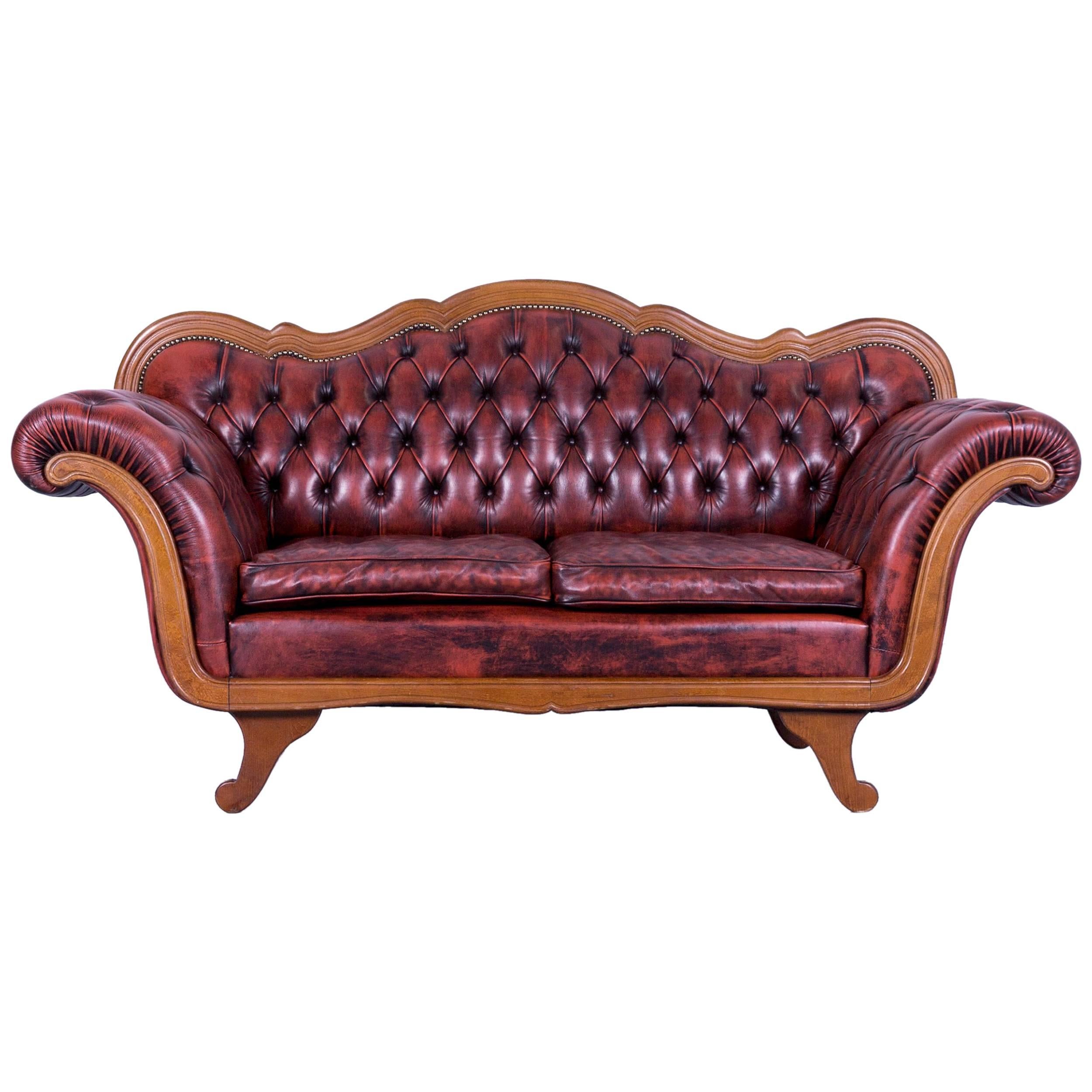 Chesterfield Leather Sofa Red Brown Three-Seat Couch Vintage