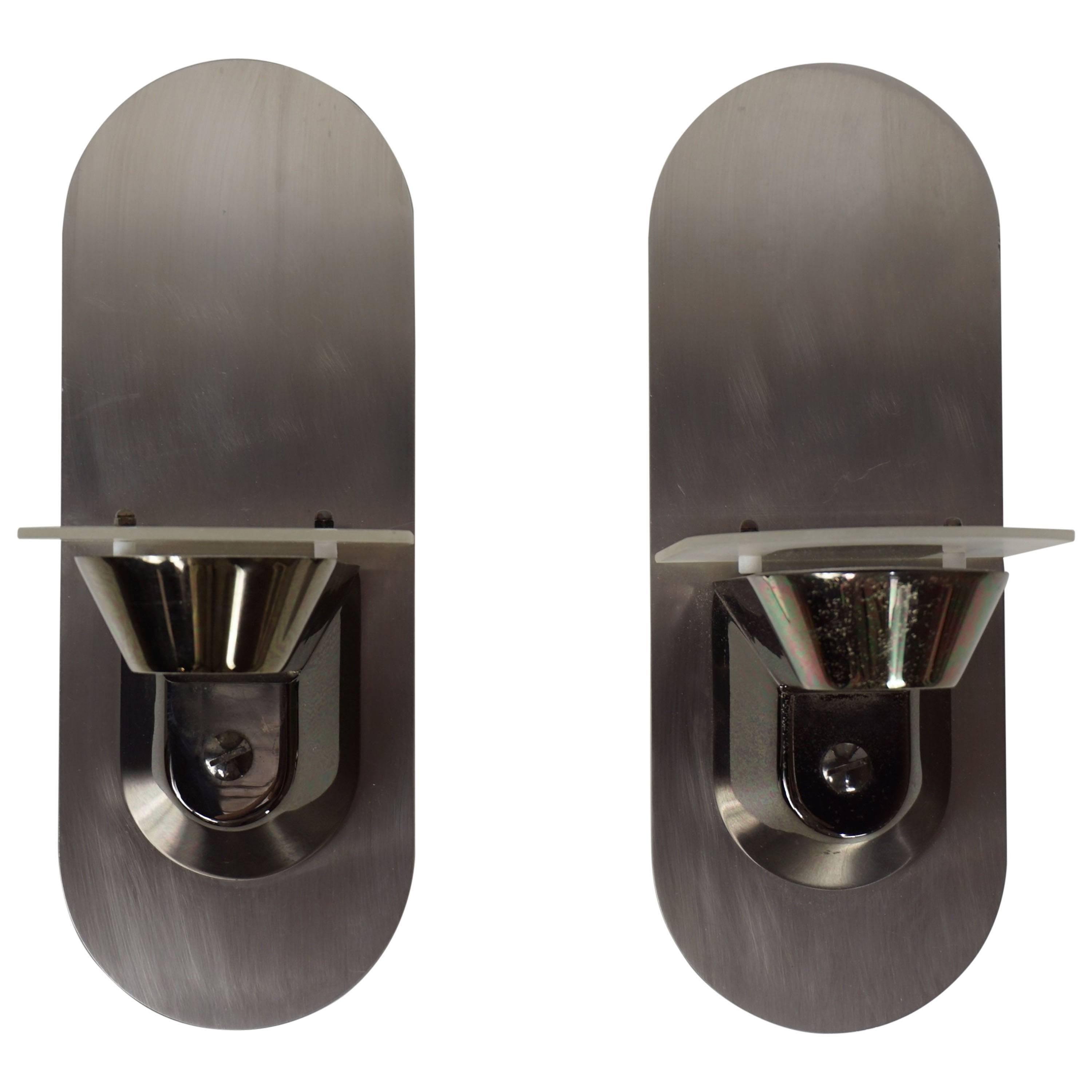 Pair of Stainless Steel and Glass Design Halogen Wall Sconces For Sale