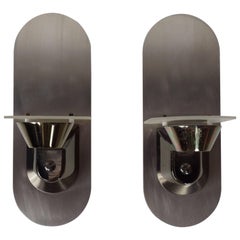 Pair of Stainless Steel and Glass Design Halogen Wall Sconces
