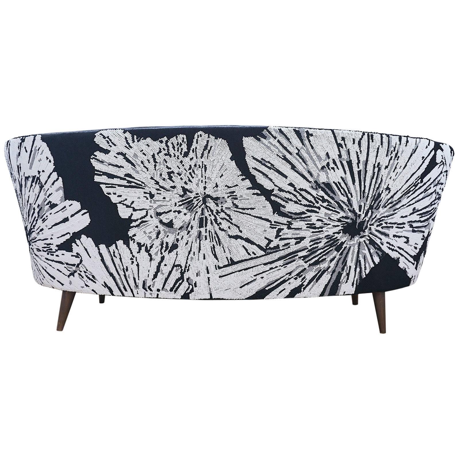 Handcrafted Midcentury Curved Sofa with Hand Embroidered Back Black and White For Sale