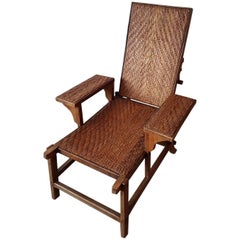 Antique Nut Wood Deck Lounge Chair with Rattan, circa 1900
