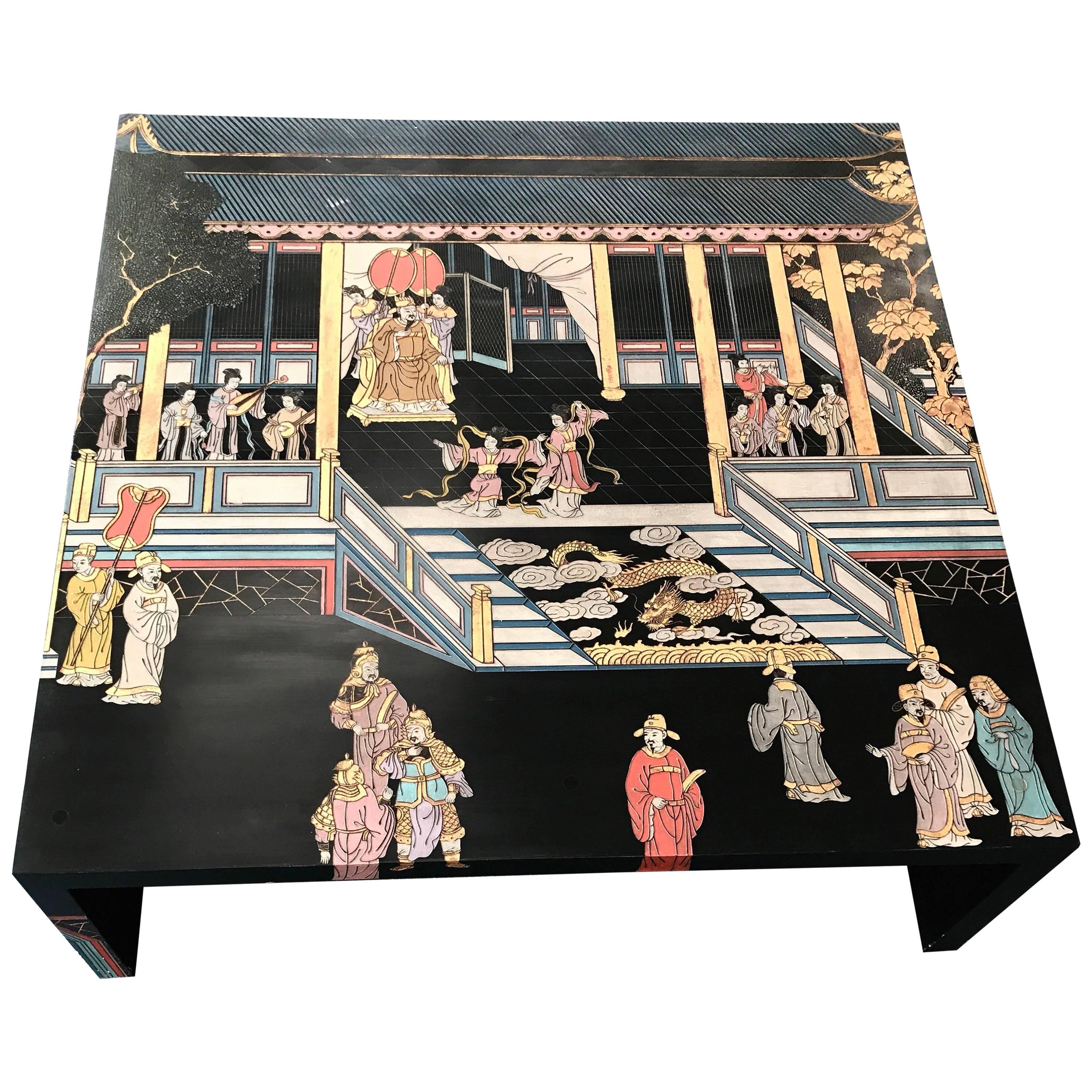 Maitland Smith Monumental Chinoiserie Hand-Painted Square Cocktail Coffee Table