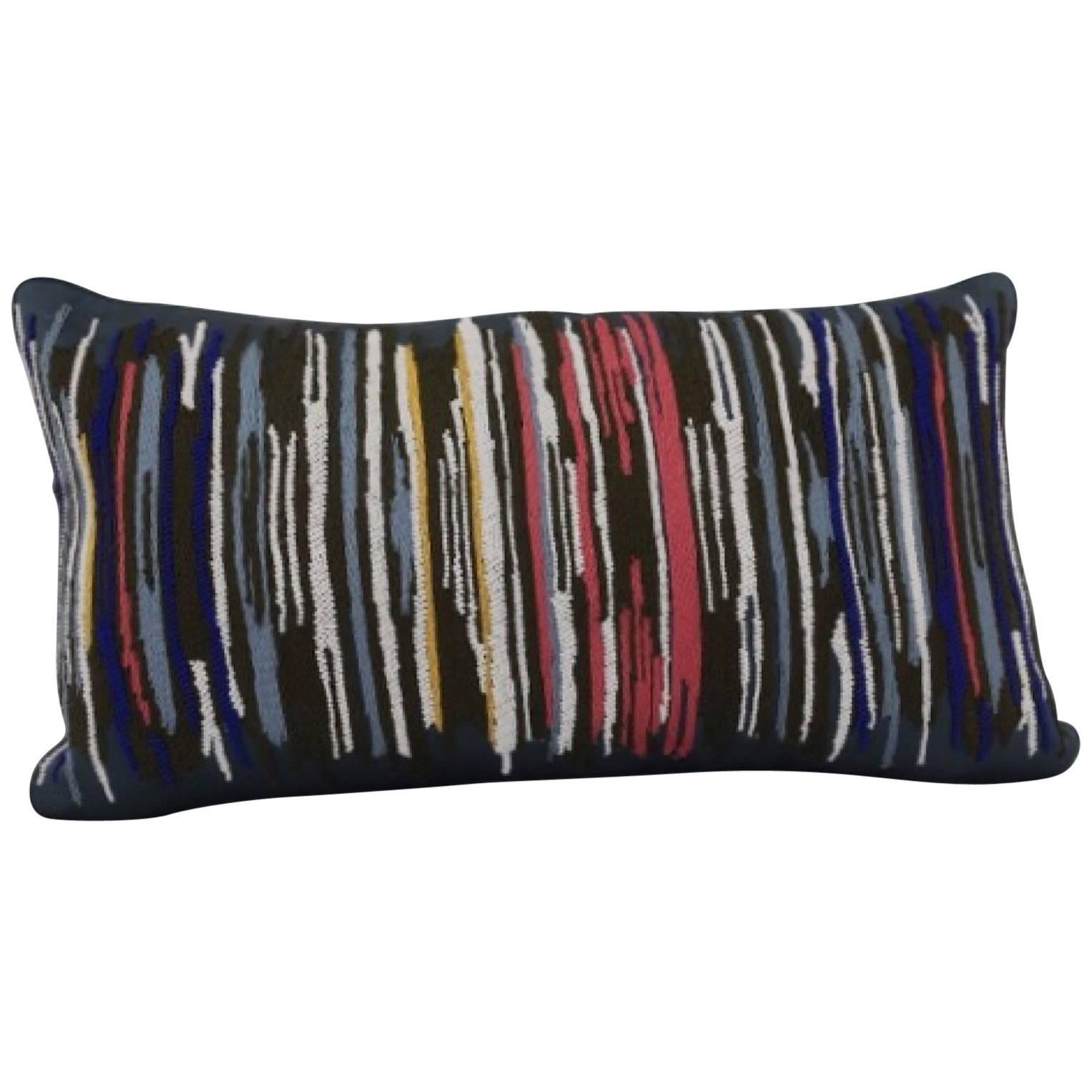 Handcrafted Multicolored Hand Embroidered Striped Pillow For Sale