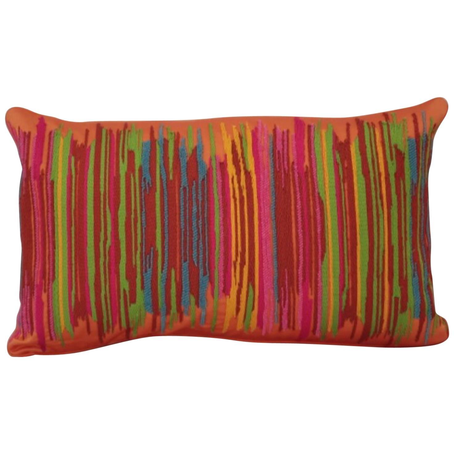 Handcrafted Multi Colored Hand Embroidered Striped Pillow Orange  For Sale