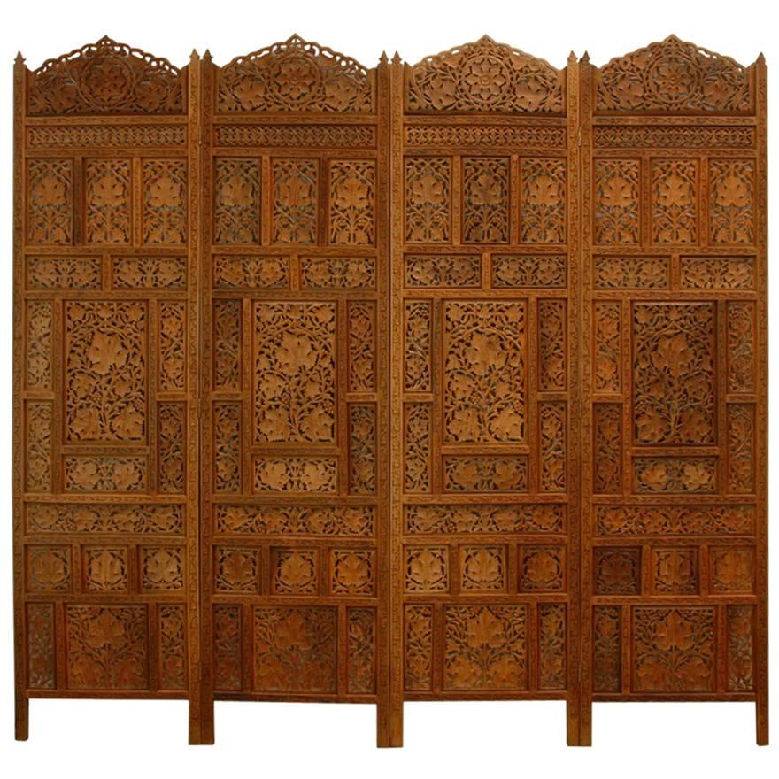 Anglo-Indian Carved Four Panel Foliate Teak Screen