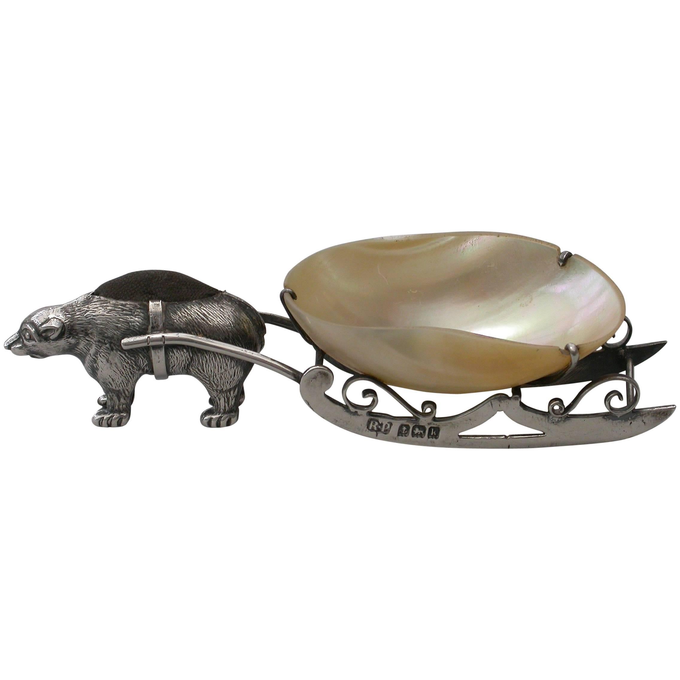 Edwardian Silver Polar Bear Pulling a Sleigh Pin Cushion, 1909