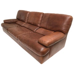 Chocolate Brown Vintage Leather Roche Bobois Three-Seat Sofa, Paris, France