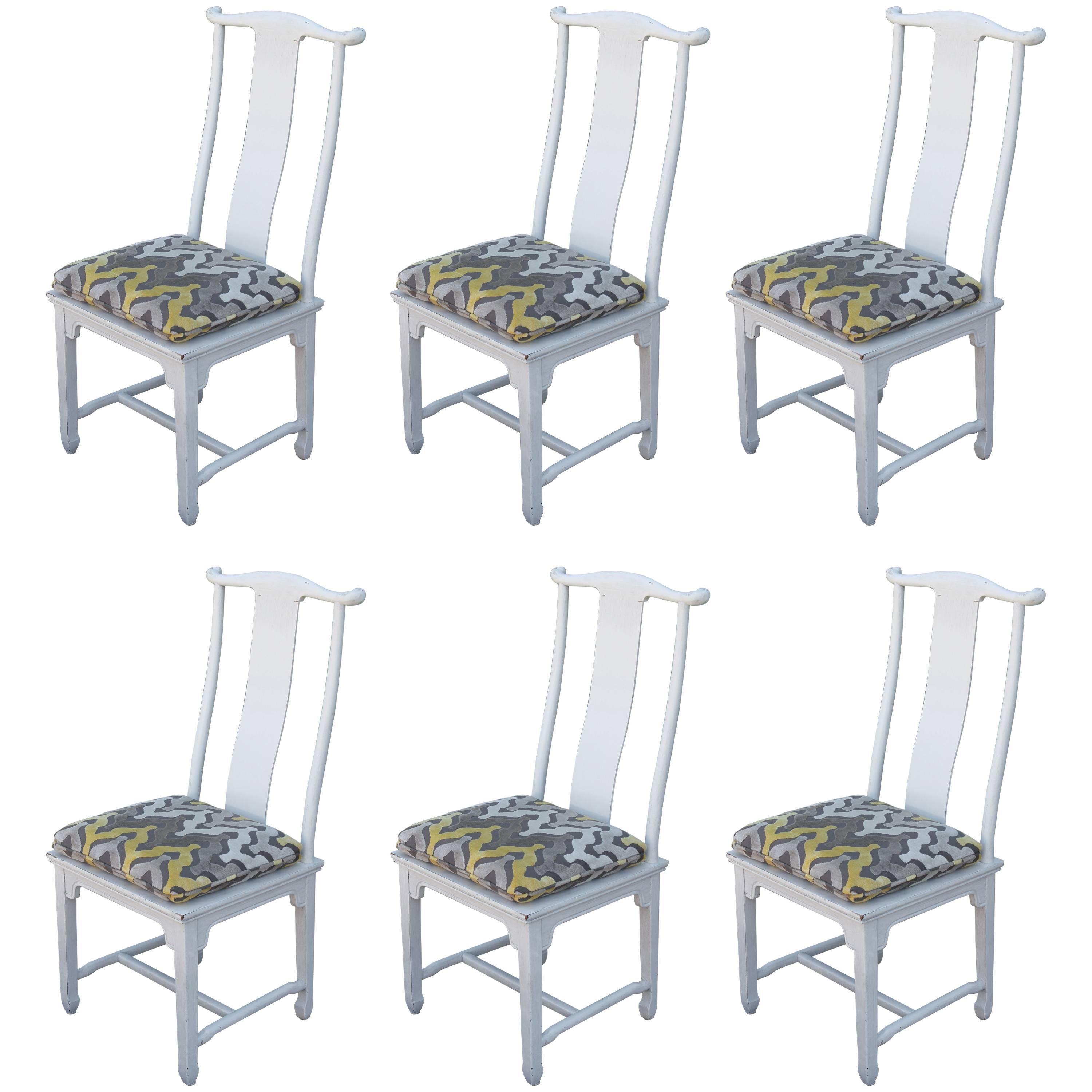 Set of Six White Pagoda Asian Style Dining Chairs with Chevron Patterned Fabric