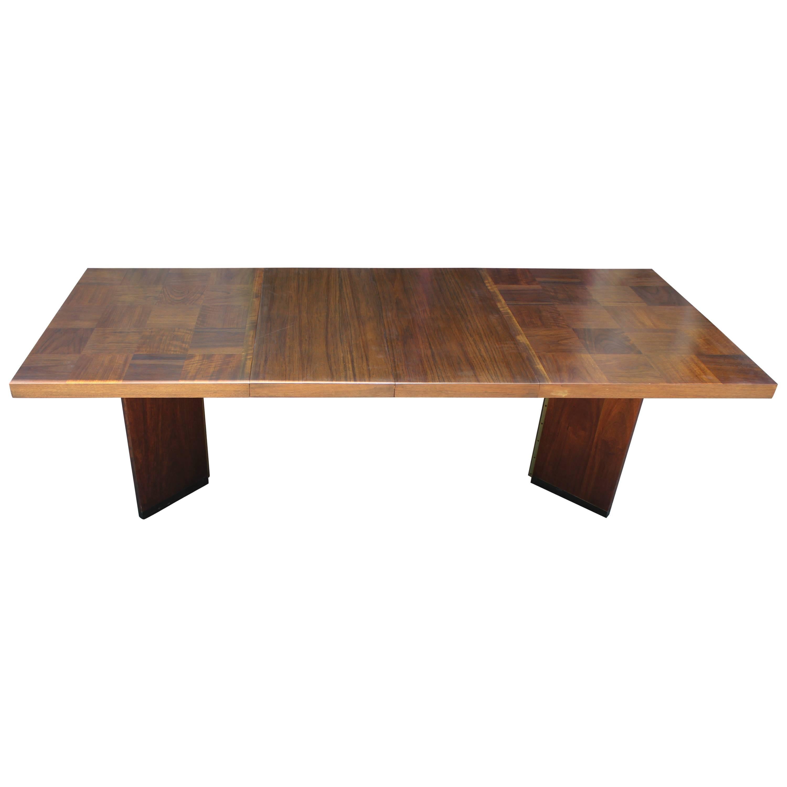 Modern Milo Baughman Style Walnut Parquetry Dining Table with Two Leaves