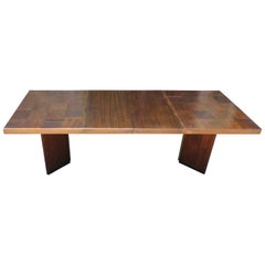 Vintage Modern Milo Baughman Style Walnut Parquetry Dining Table with Two Leaves