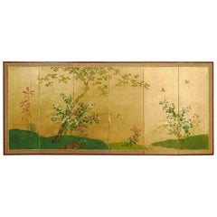 Japanese Six-Panel Byobu Screen Spring Floral and Fauna 