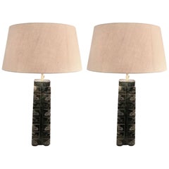 Engraved Stone Pair of Lamps, China, 1920s