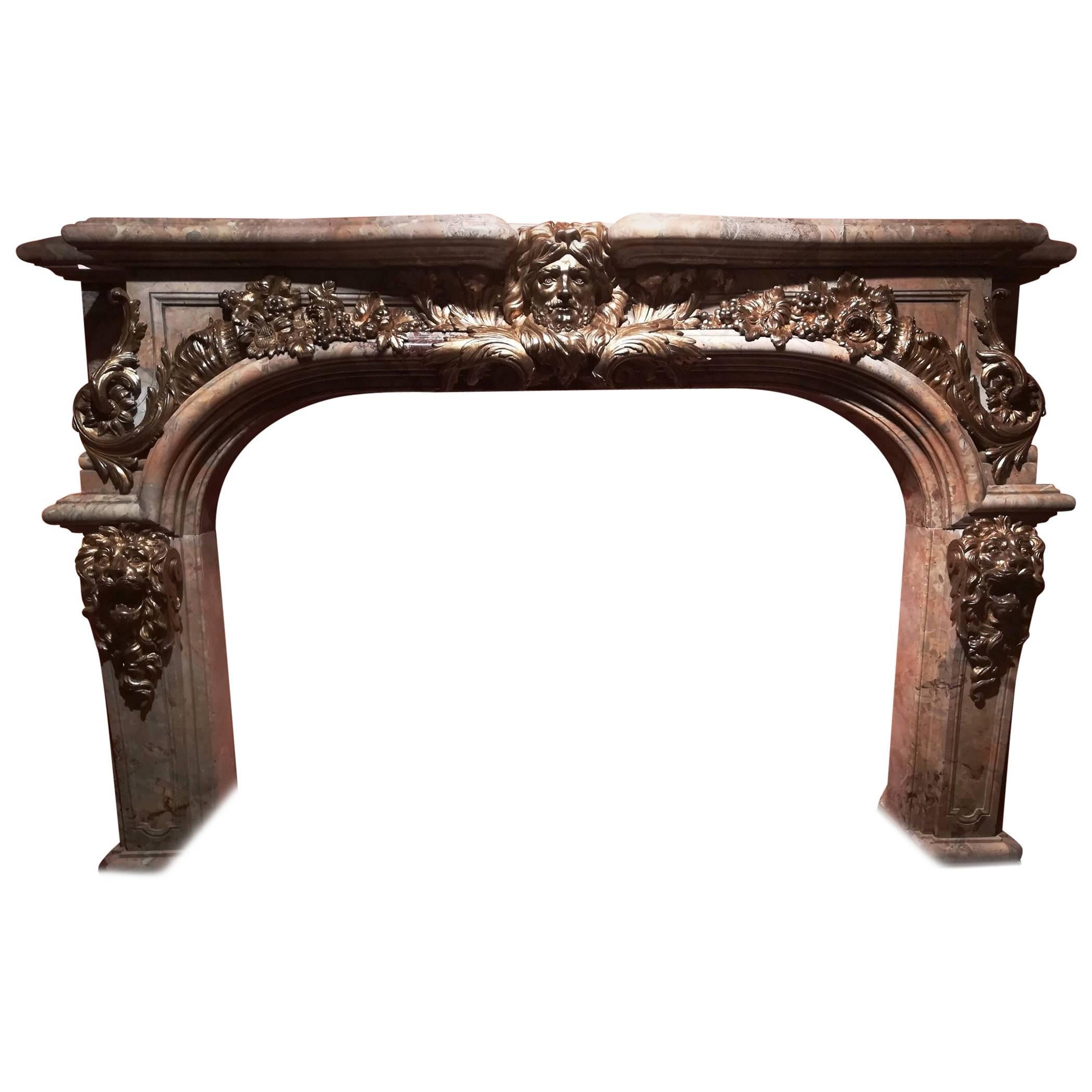 Louis XIV Style, Fireplace Hercules Versailles Sarrancolin Marble & Gilt Bronze For Sale