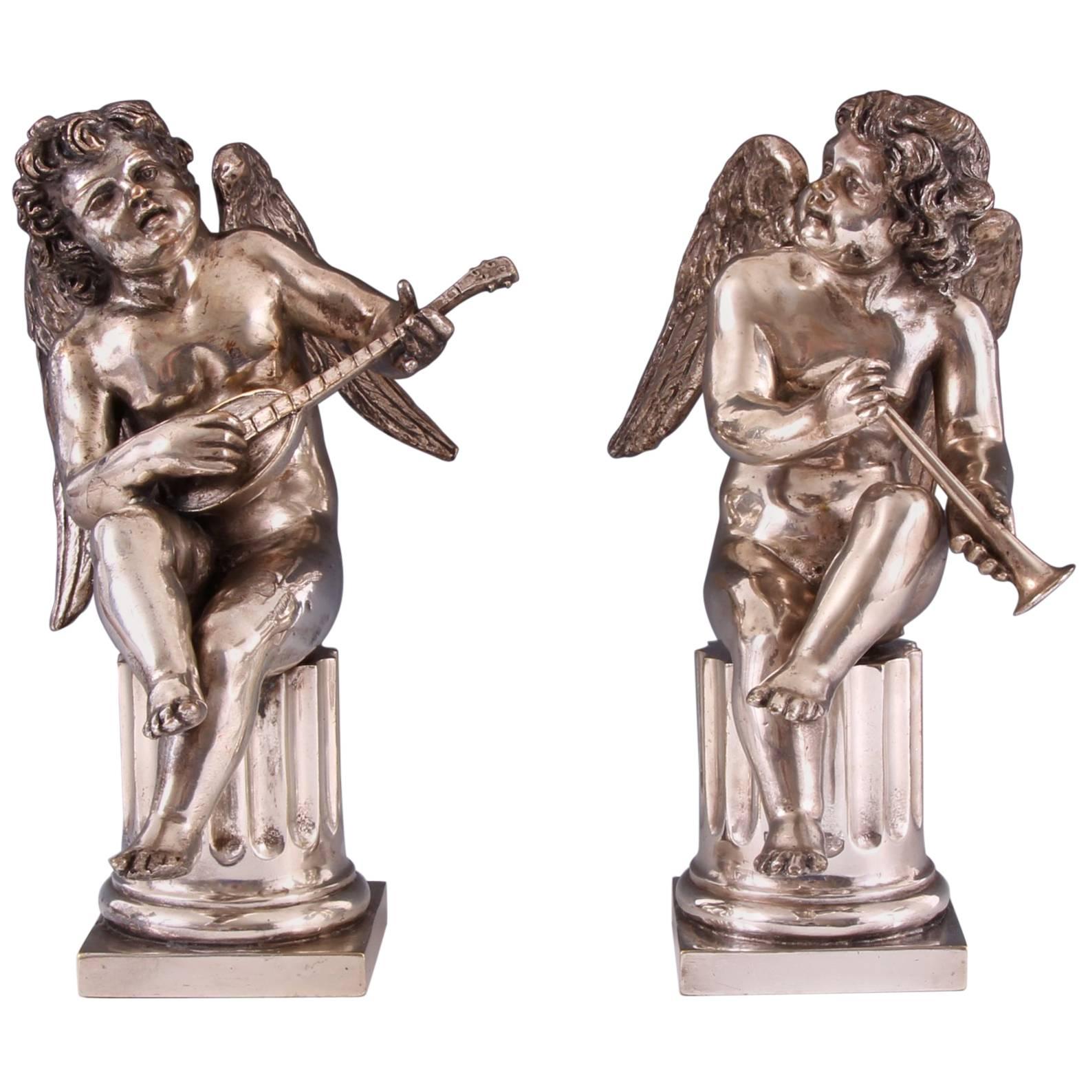 Pair 18th Century Louis XV Silvered Bronze Figures