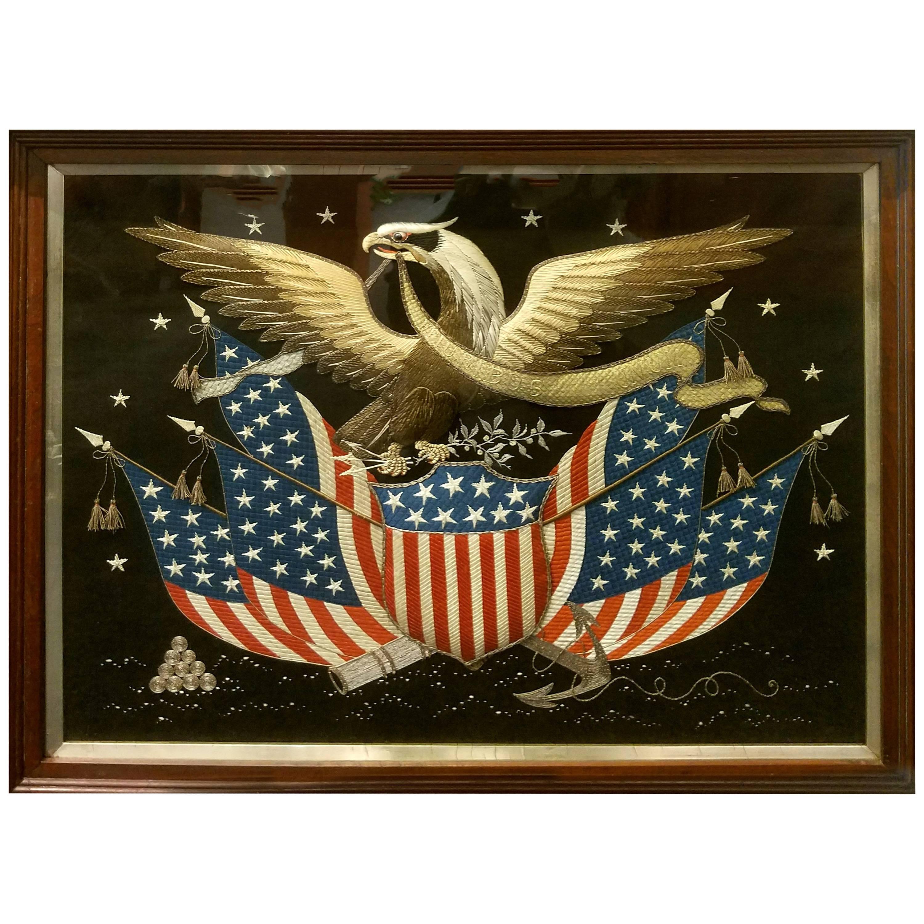 Fine Japanese Large American Eagle and Stars and Stripes Silkwork Picture