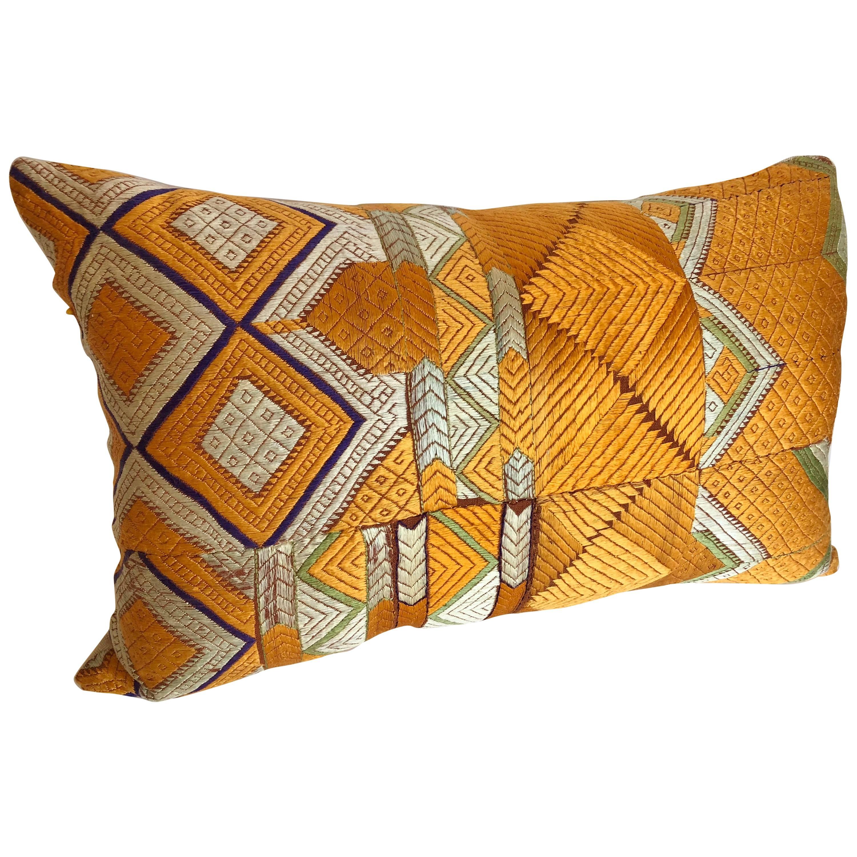 Custom Pillow Cut from a Vintage Silk Phulkari Bagh Wedding Shawl, Punjab, India For Sale