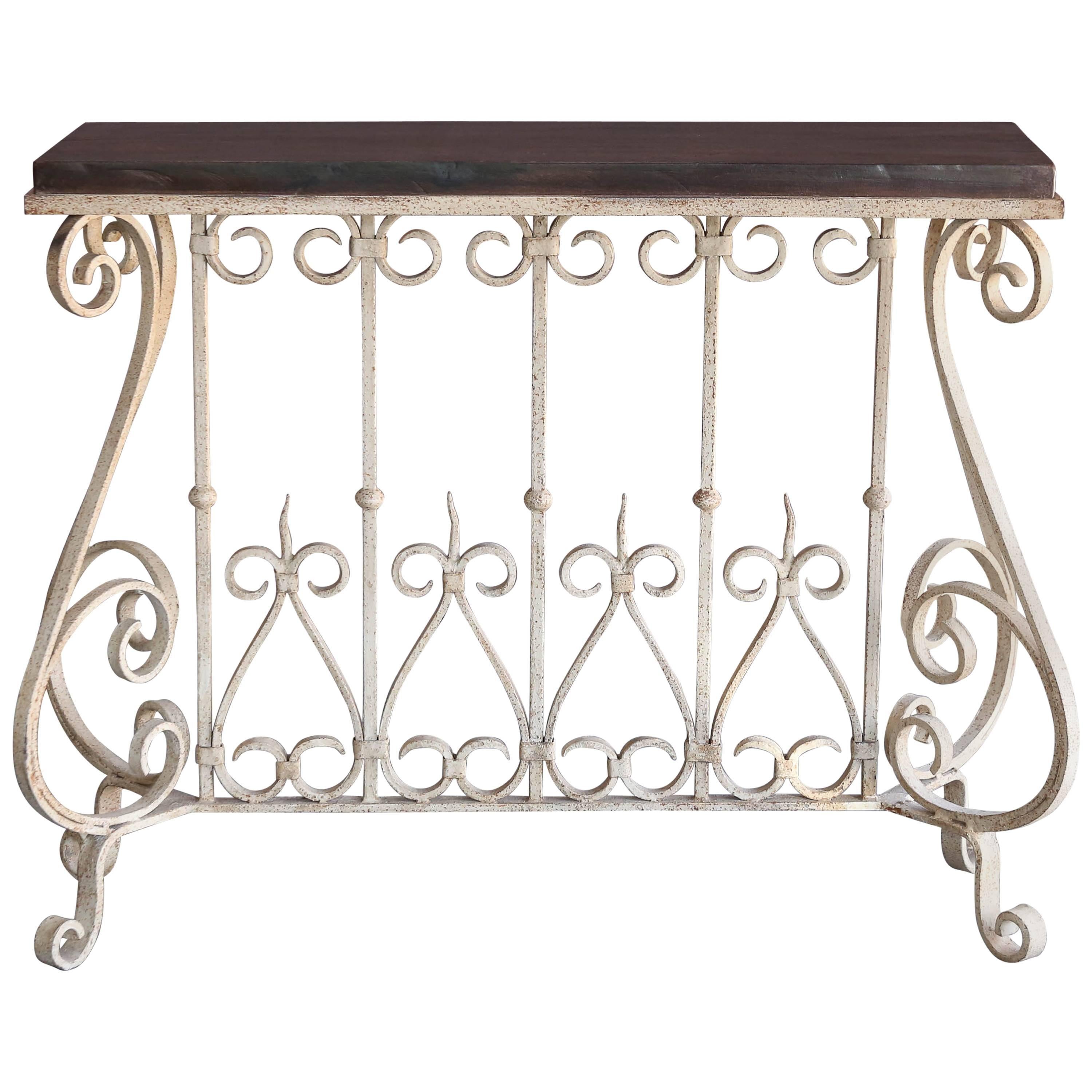 1910s Solid Teak Wood and Hand-Forged Wrought Iron Decorative Console Table For Sale