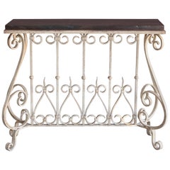 1910s Solid Teak Wood and Hand-Forged Wrought Iron Decorative Console Table