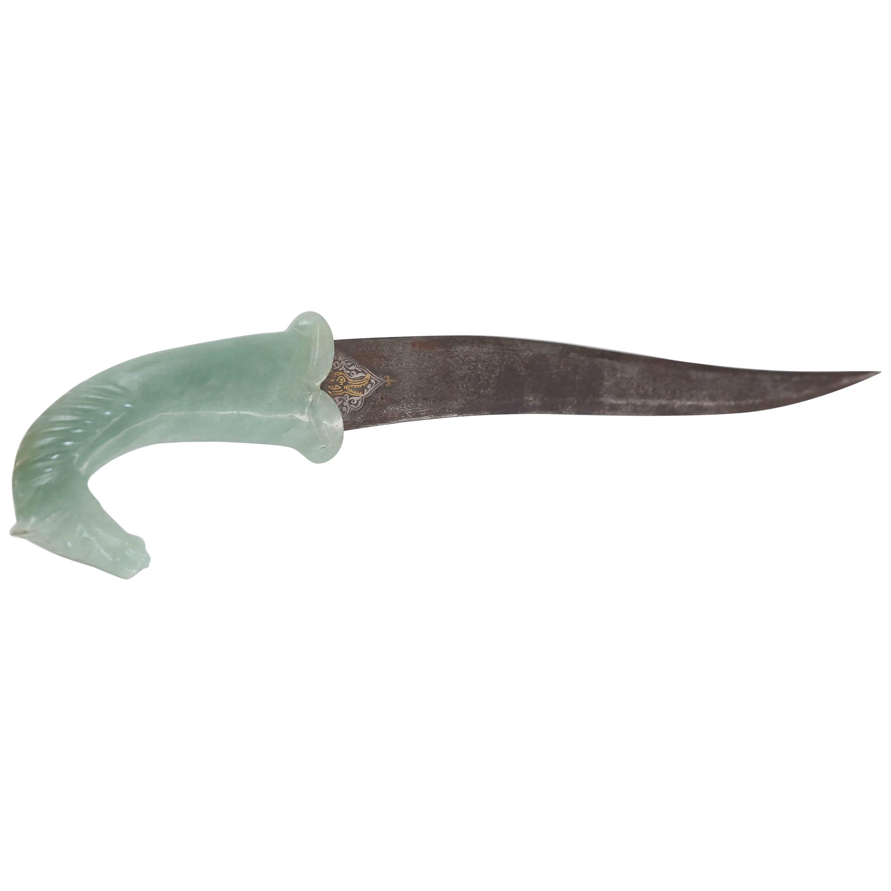 1930s Water Quenched Double Edged Damascened Dagger with Indian Jade Hilt For Sale