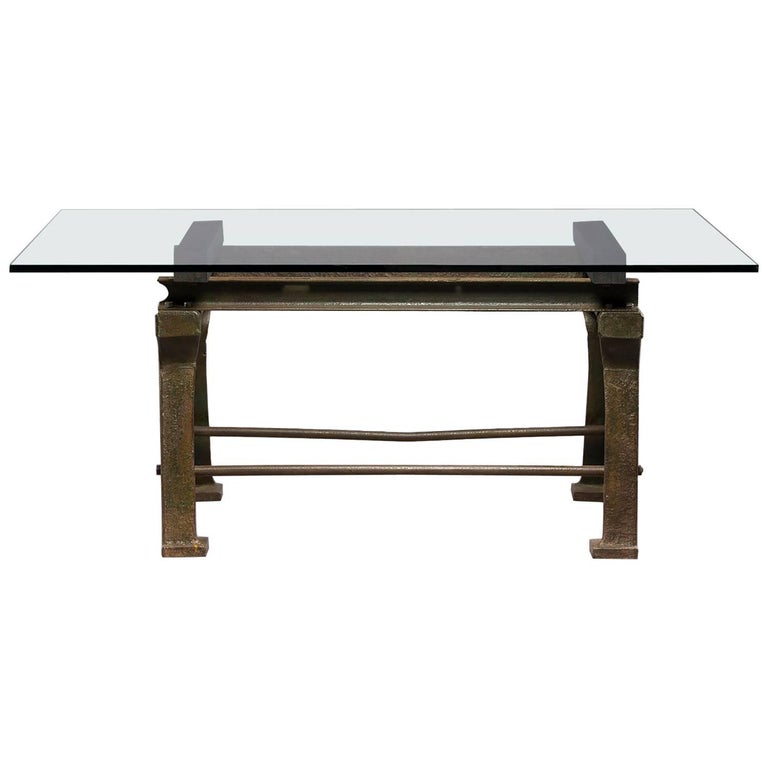 Dining Table with Industrial Iron Base, Original Paint and New Glass Top​  For Sale at 1stDibs